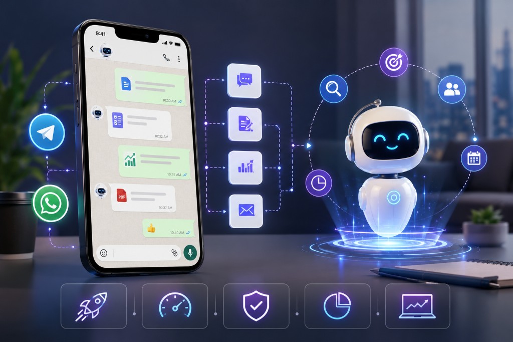 Smartphone messaging an AI Worker via Telegram and WhatsApp, with a robot assistant handling documents, analytics, and workflows