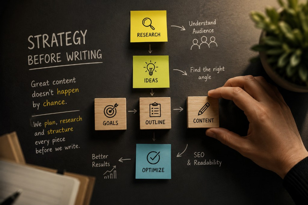 A hand placing wooden blocks labeled Goals, Outline, and Content in sequence on a chalkboard with a Strategy Before Writing flowchart showing Research, Ideas, and Optimize steps