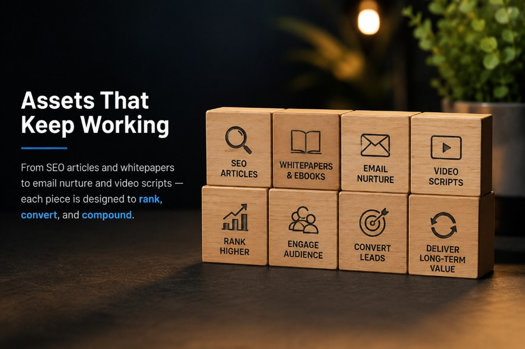 Wooden blocks labeled SEO Articles, Whitepapers & Ebooks, Email Nurture, Video Scripts, Rank Higher, Engage Audience, Convert Leads, and Deliver Long-Term Value