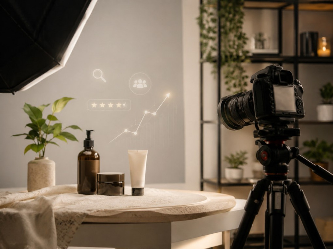 Product photography setup with camera and softbox lighting a skincare brand, overlaid with search, audience, star rating, and growth icons