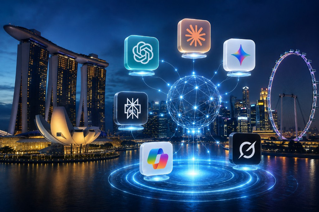 A glowing globe network connecting ChatGPT, Claude, Gemini, Copilot, Perplexity, and Grok AI platform icons above the Singapore Marina Bay skyline at night